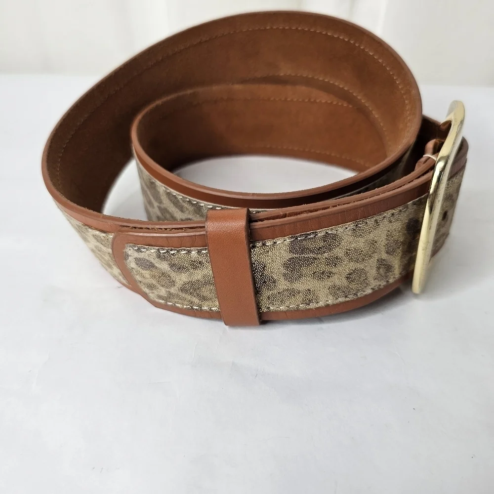 WCM Beige Brown Shimmer Leopard Print Leather Belt with Silver Buckle Medium
